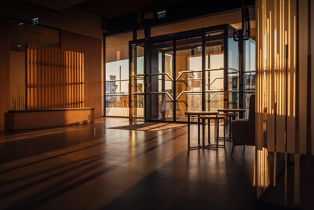 building, door, architecture, entrance, glass, indoors, office, sliding doors, sunlight, tables, work, office, office, office, office, office