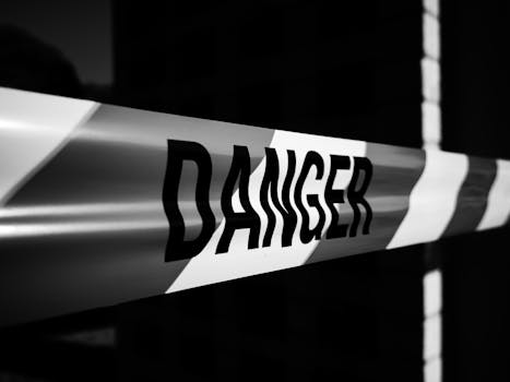 Close-up of a danger tape in black and white, emphasizing caution and warning.